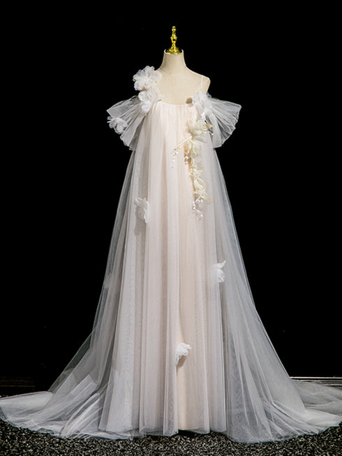 Ivory Tulle with Flowers Scoop Long Wedding Party Dress, Ivory Tulle Long Formal Gown